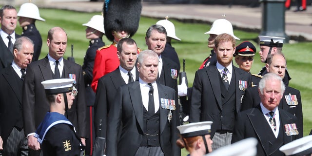 Pictured at the service for Prince Philip, his father and grandfather respectively, Prince Andrew and Prince Harry did not wear their military uniforms, but did include their earned medals on their suits.