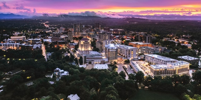 Asheville, North Carolina skyline at sunset