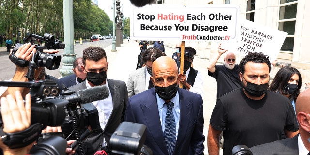 Tom Barrack, a close adviser to former President Donald Trump and chair of his inaugural committee, leaves U.S. District Court for the Eastern District of New York, in downtown Brooklyn, after an appearance on July 26, 2021.