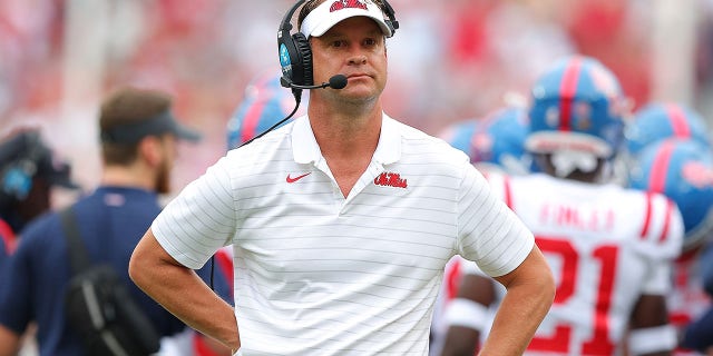Head coach Lane Kiffin of the Mississippi Rebels looks on against the Alabama Crimson Tide during the first half at Bryant-Denny Stadium on Oct. 2, 2021, in Tuscaloosa, Alabama.