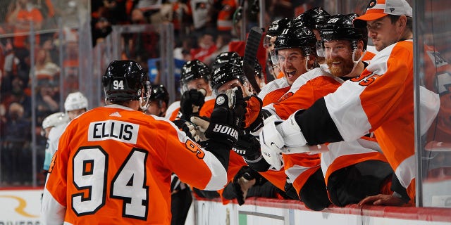 Ryan Ellis (94) of the Philadelphia Flyers celebrates his second-period goal against the Seattle Kraken at the Wells Fargo Center Oct. 18, 2021, in Philadelphia.