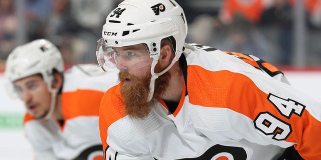 Ryan Ellis of the Philadelphia Flyers looks on against the Boston Bruins at the Wells Fargo Center Oct. 20, 2021, in Philadelphia. 