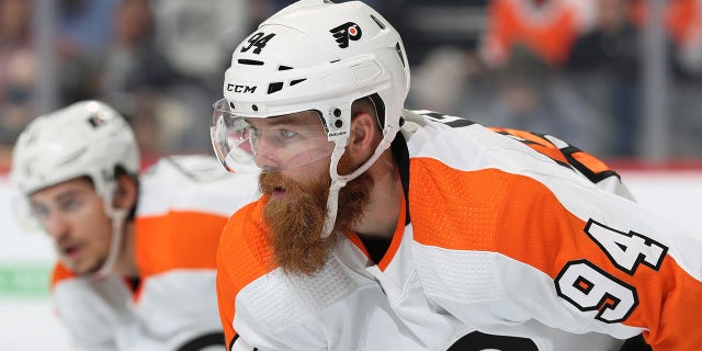 Ryan Ellis of the Philadelphia Flyers looks on against the Boston Bruins at the Wells Fargo Center Oct. 20, 2021, in Philadelphia.