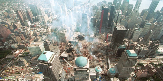 An aerial view of the NYC Custom House and the surrounding area following the Sept.  11, 2001, terrorist attacks in New York City.