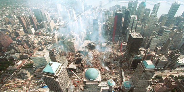 An aerial view of the NYC Custom House and the surrounding area following the Sept. 11, 2001, terrorist attacks in New York City.