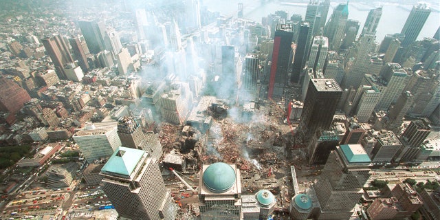 Aerial view of NYC Custom House and surrounding area after the September 11, 2001 terrorist attacks in New York City.