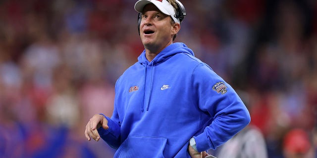 Head coach Lane Kiffin of the Mississippi Rebels reacts during the Allstate Sugar Bowl against the Baylor Bears at Caesars Superdome on Jan. 1, 2022 in New Orleans, Louisiana.
