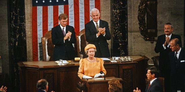 Queen Elizabeth II addresses a joint session of Congress in the House Chamber at the U.S. Capitol in Washington, D.C., May 16, 1991. 