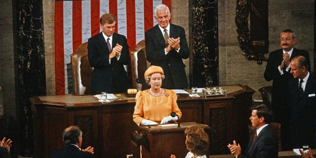 Queen Elizabeth II addresses a joint session of Congress in the House Chamber at the U.S. Capitol in Washington, D.C., May 16, 1991.