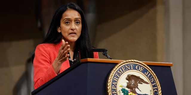 Associate Attorney General Vanita Gupta delivers remarks at the Department of Justice on May 20, 2022.