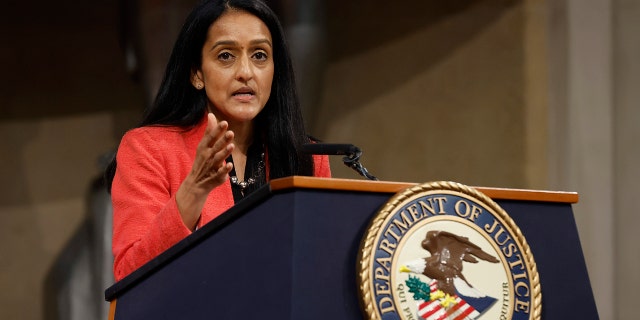 Associate Attorney General Vanita Gupta delivers remarks at the Department of Justice on May 20, 2022.