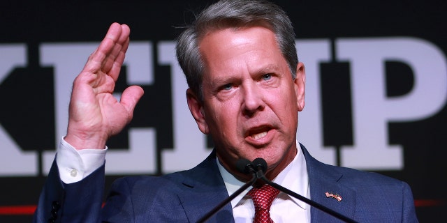 Republican Georgia Gov.  Brian Kemp speaks during his primary night election party at the Chick-fil-A College Football Hall of Fame on May 24, 2022, in Atlanta, Georgia.