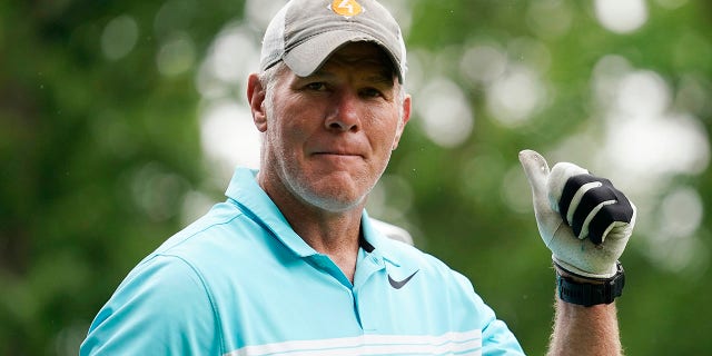 Former NFL player Brett Favre tees off the 10th tee during the Celebrity Foursome in the second round of the American Family Insurance Championship at University Ridge Golf Club on June 11, 2022 in Madison, Wisconsin. 