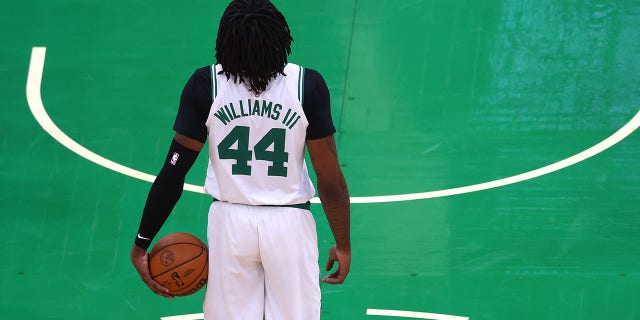 Robert Williams III of the Boston Celtics prepares to shoot a free throw against the Golden State Warriors during the first quarter in Game 6 of the 2022 NBA Finals at TD Garden June 16, 2022, in Boston.