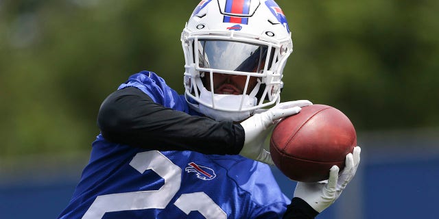 Micah Hyde of the Buffalo Bills makes a catch during Bills minicamp June 15, 2022, in Orchard Park, N.Y.