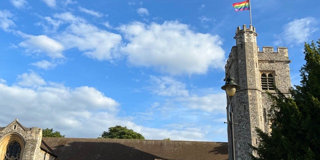 A rainbow flag flies on the Church of St. Peter and St. Paul in Bromley, South London.