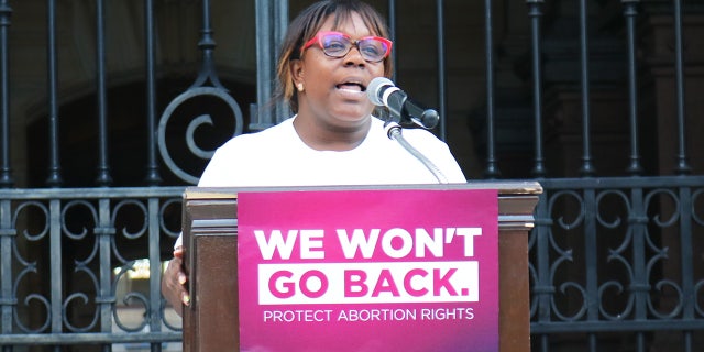 Councilmember Kendra Brooks speaks at a pro-choice rally in front of Philadelphia City Hall on June 24, 2022.