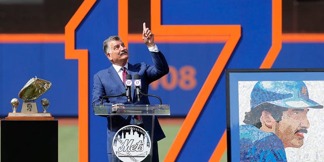Former New York Met Keith Hernandez speaks during his jersey retirement ceremony prior to a game against the Miami Marlins at Citi Field July 9, 2022, in New York City. 