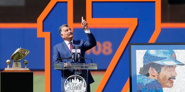 Former New York Met Keith Hernandez speaks during his jersey retirement ceremony prior to a game against the Miami Marlins at Citi Field July 9, 2022, in New York City.