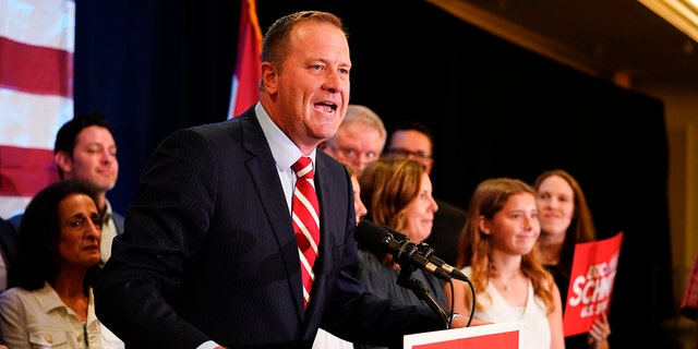 Missouri Attorney General Eric Schmitt speaks at an election-night gathering after winning the Republican primary for U.S. Senate at the Sheraton in Westport Plaza on Aug. 2, 2022, in St Louis, Missouri. 