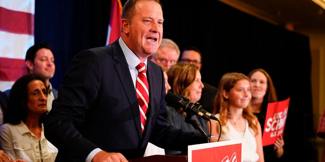 Missouri Attorney General Eric Schmitt speaks at an election-night gathering after winning the Republican primary for U.S. Senate at the Sheraton in Westport Plaza on Aug. 2, 2022, in St Louis, Missouri. 