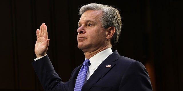 FBI Director Christopher Wray is sworn in during a hearing before the Senate Judiciary Committee on Capitol Hill in Washington, D.C., on Aug. 4, 2022.