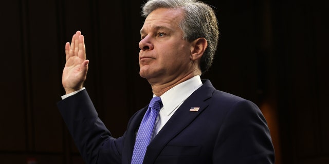 FBI Director Christopher Wray is sworn in during a hearing before Senate Judiciary Committee at Hart Senate Office Building on Capitol Hill August 4, 2022 in Washington, DC. The committee held a hearing on "Oversight of the Federal Bureau of Investigation." 