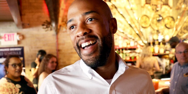 Democratic Wisconsin Lt. Gov. Mandela Barnes greets guests during a campaign event at The Wicked Hop in Milwaukee, Wisconsin, on Aug. 7, 2022.