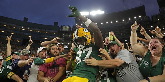 Romeo Doubs, #87 of the Green Bay Packers, leaps into the stands following a touchdown reception against the New Orleans Saints during the first half of a preseason game at Lambeau Field on August 19, 2022 in Green Bay, Wisconsin. 