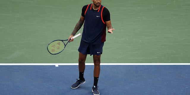 Nick Kyrgios of Australia reacts during a match against Benjamin Bonzi of France August 31, 2022 at the US Open.