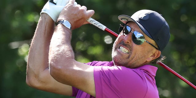 Phil Mickelson plays his shot prior to the LIV Golf Invitational – Boston on Sept. 1, 2022, in Bolton, Massachusetts.