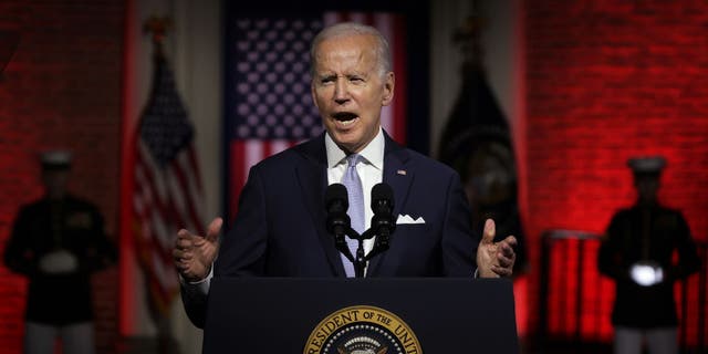 President Joe Biden delivers a primetime speech at Independence National Historical Park in Philadelphia on Sept. 1, 2022.