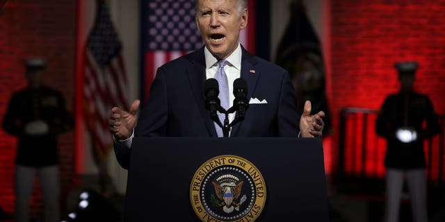 President Joe Biden delivers a primetime speech at Independence National Historical Park Sept. 1, 2022 in Philadelphia, Pennsylvania. President Biden spoke on "the continued battle for the Soul of the Nation."  