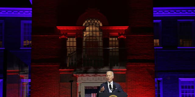 President Joe Biden delivers a primetime speech at Independence National Historical Park Sept. 1, 2022 in Philadelphia, Pennsylvania. President Biden spoke on "the continued battle for the Soul of the Nation."  