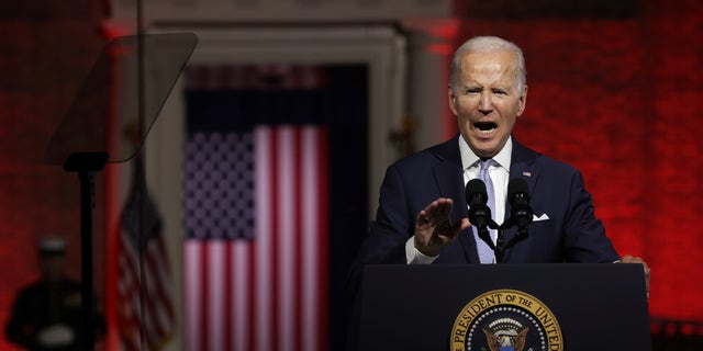 U.S. President Joe Biden delivers a primetime speech at Independence National Historical Park September 1, 2022 in Philadelphia, Pennsylvania. President Biden spoke on "the continued battle for the Soul of the Nation."  (Photo by Alex Wong/Getty Images)