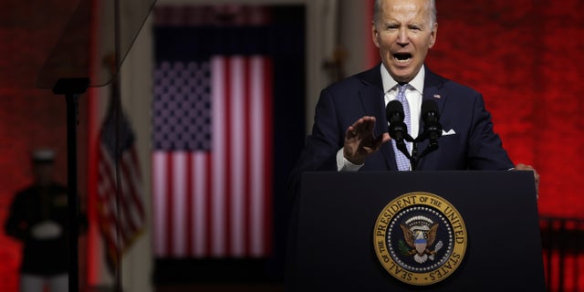 U.S. President Joe Biden delivers a primetime speech at Independence National Historical Park September 1, 2022 in Philadelphia, Pennsylvania. President Biden spoke on "the continued battle for the Soul of the Nation."  (Photo by Alex Wong/Getty Images)