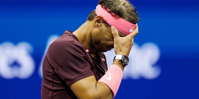 Rafael Nadal of Spain after hitting his nose with his own racquet during his match against Fabio Fognini of Italy in the second round of men's singles at the US Open at the USTA Billie Jean King National Tennis Center September 1 , 2022 in New York City.