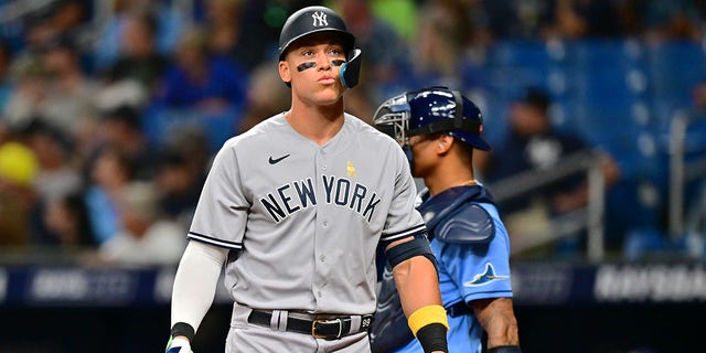 Aaron Judge of the New York Yankees reacts after striking out in the seventh inning against the Tampa Bay Rays at Tropicana Field Sept. 2, 2022, in St. Petersburg, Fla.