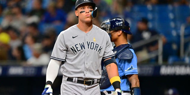 Aaron Judge of the New York Yankees reacts after striking out in the seventh inning against the Tampa Bay Rays at Tropicana Field Sept. 2, 2022, in St. Petersburg, Fla.