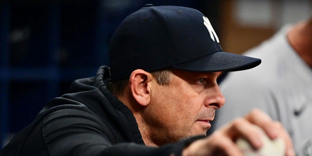 Manager Aaron Boone of the New York Yankees during a game against the Tampa Bay Rays at Tropicana Field Sept. 2, 2022, in St Petersburg, Fla. 