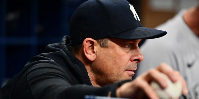 Manager Aaron Boone of the New York Yankees during a game against the Tampa Bay Rays at Tropicana Field Sept. 2, 2022, in St Petersburg, Fla. 