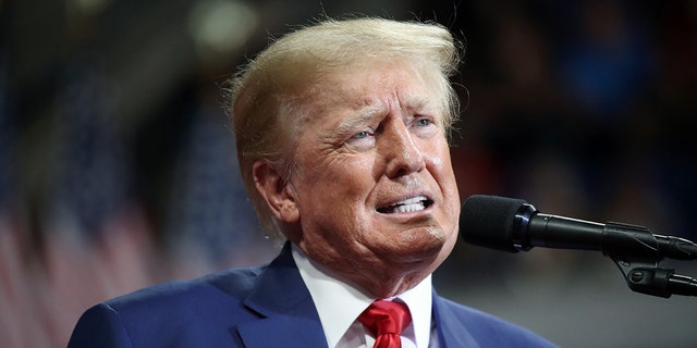 Former President Donald Trump speaks to supporters at a rally to support local candidates at the Mohegan Sun Arena in Wilkes-Barre, Pennsylvania, on Sept. 3, 2022.