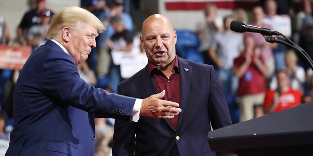Pennsylvania Republican gubernatorial candidate Doug Mastriano and former President Trump at a rally at the Mohegan Sun Arena on Sept. 3, 2022, in Wilkes-Barre, Pennsylvania.