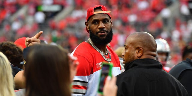 LeBron James of the Los Angeles Lakers attends a game between the Notre Dame Fighting Irish and Ohio State Buckeyes at Ohio Stadium Sept. 3, 2022, in Columbus, Ohio. 