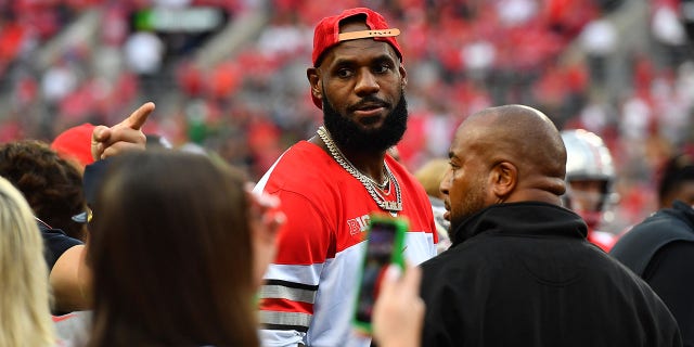 LeBron James of the Los Angeles Lakers attends a game between the Notre Dame Fighting Irish and Ohio State Buckeyes at Ohio Stadium Sept. 3, 2022, in Columbus, Ohio.