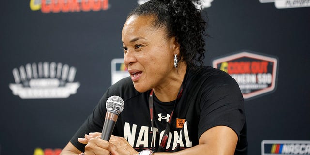 Dawn Staley addresses the media during a press conference ahead of the NASCAR Cup Series Cook Out Southern 500 at Darlington Raceway in Darlington, South Carolina on September 4, 2022.