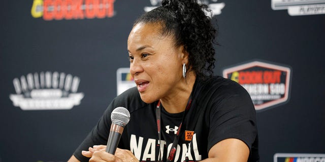 Dawn Staley speaks to the media during a press conference prior to the NASCAR Cup Series Cook Out Southern 500 at Darlington Raceway on Sept. 4, 2022, in Darlington, South Carolina.