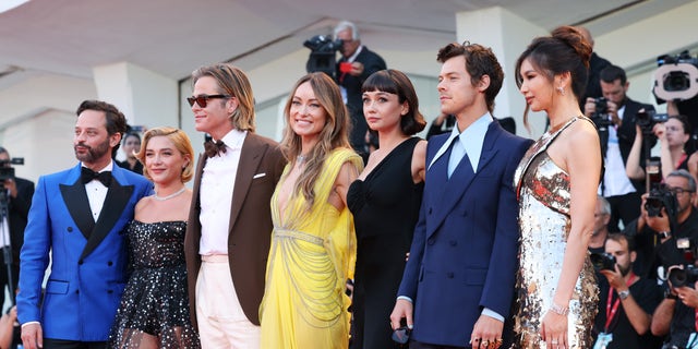 Nick Kroll, Florence Pugh, Chris Pine, Olivia Wilde, Sydney Chandler, Harry Styles and Gemma Chan attend the Venice Film Festival.