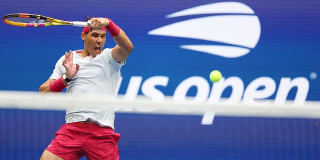 Rafael Nadal returns a shot against Frances Tiafoe during the U.S. Open, Sept. 5, 2022.