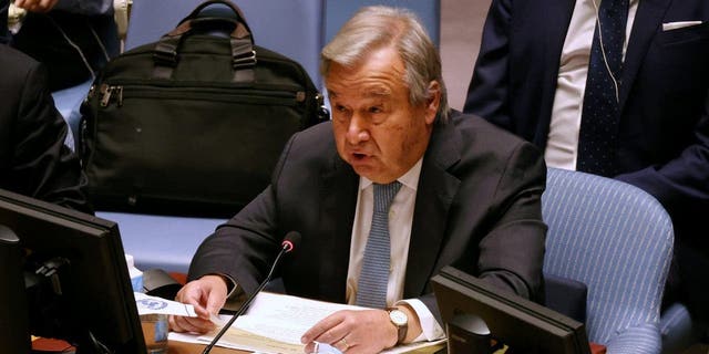 Secretary-General of the United Nations António Guterres speaks during a U.N. Security Council meeting on the situation at the Zaporizhzhia Nuclear Power Plant in Ukraine at the United Nations Headquarters on Sept. 6, 2022 in New York City. The U.N.'s International Atomic Energy Agency said Tuesday that its inspectors on the ground were "gravely concerned" after finding damage caused to buildings at the plant.